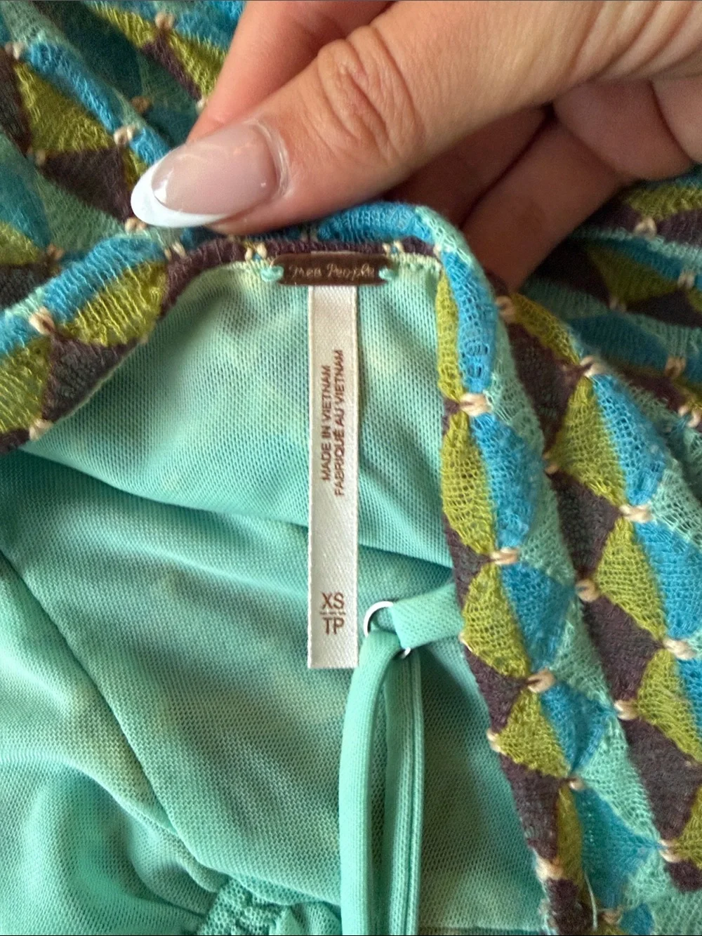 Free People Teal and Olive Geometric Spaghetti-Strap Tank